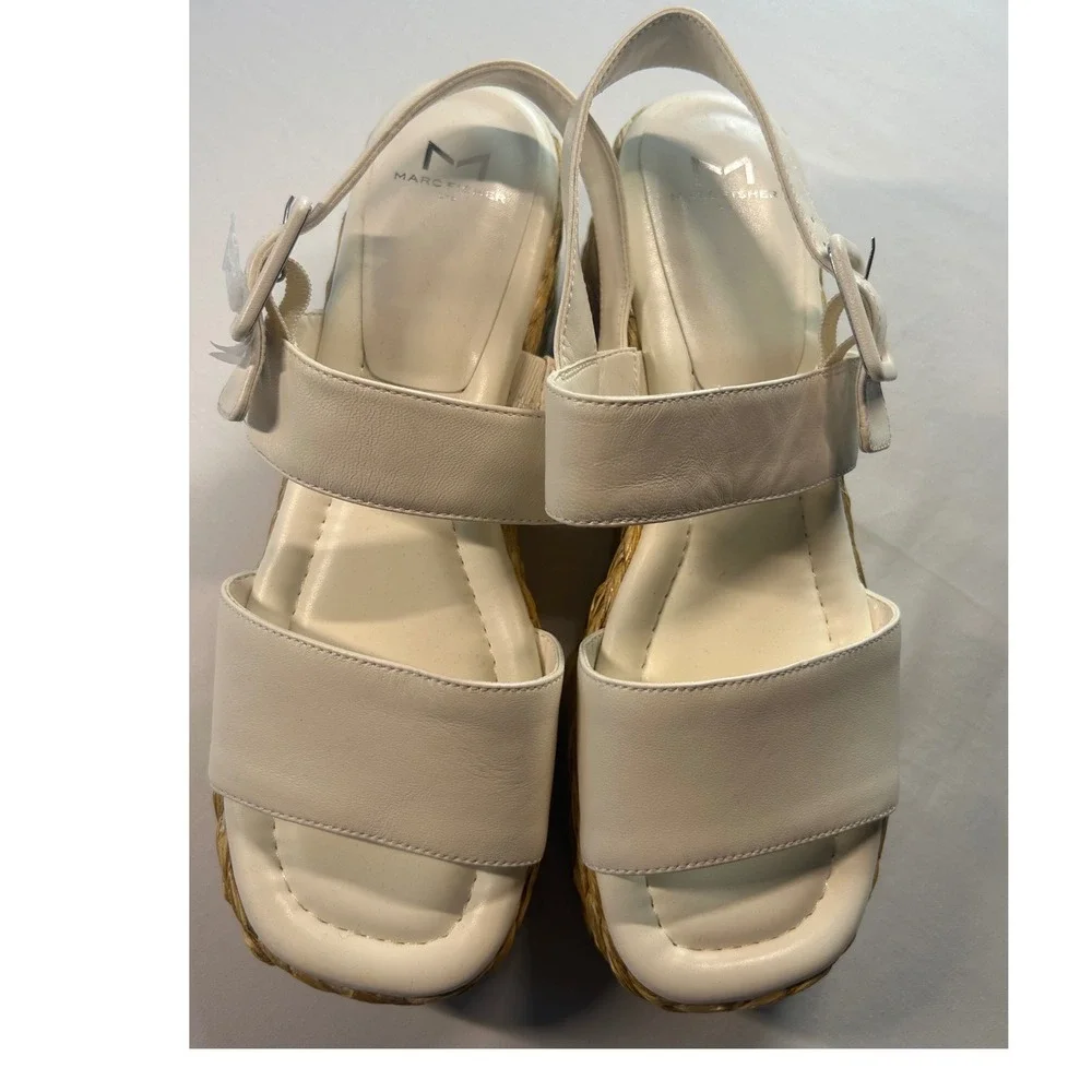 Marc Fisher LTD Dalary Platform Sandals Women 10 White Leather Espadrille Wedge